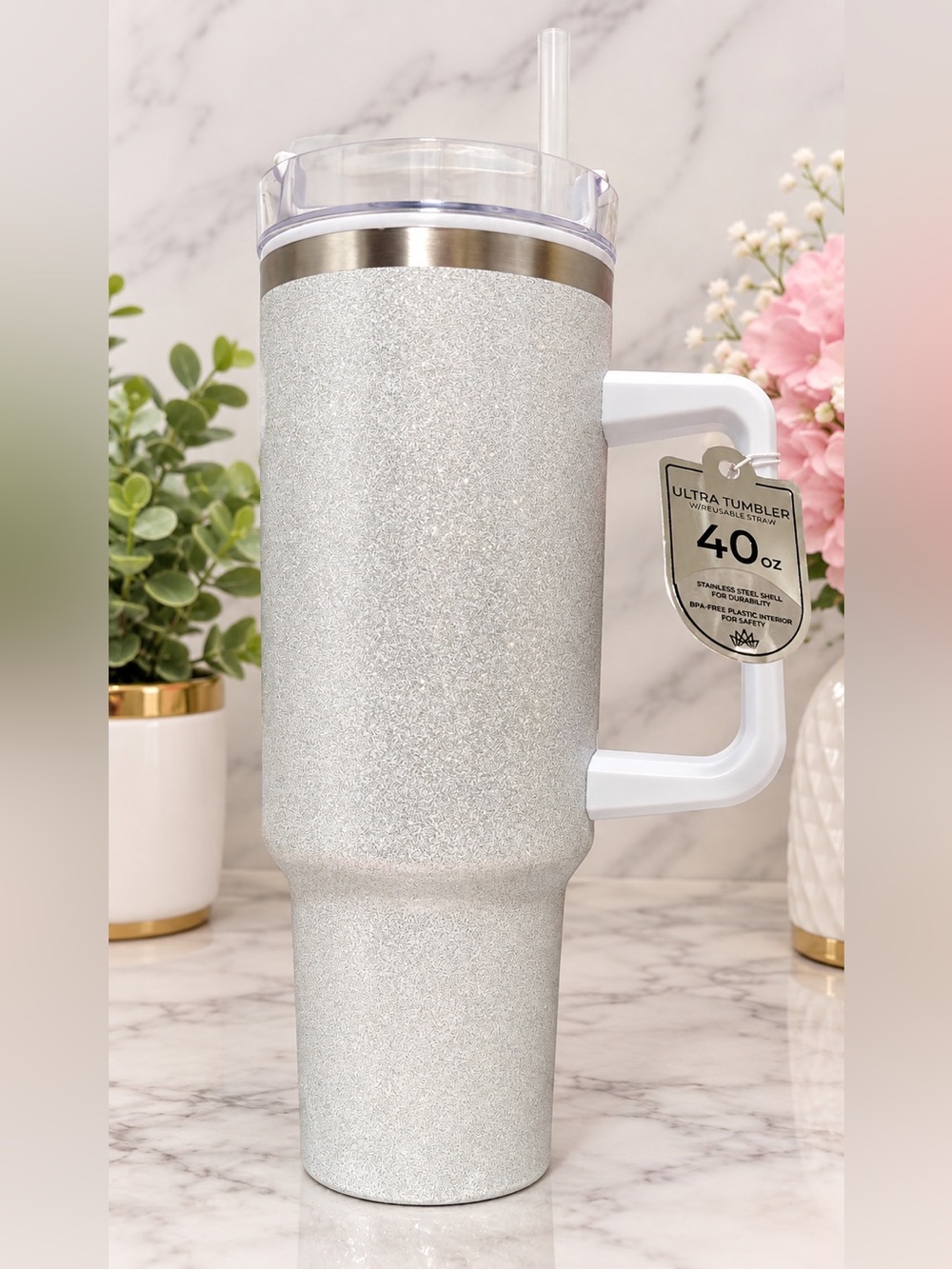 40 oz Silver Glitter Shimmer Stainless Steel Tumbler with Handle & Straw
